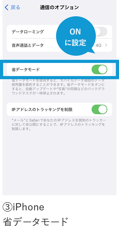 ③iPhone省データモード