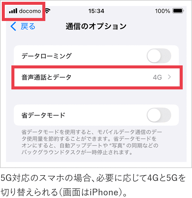 5G対応のスマホの場合、必要に応じて4Gと5Gを切り替えられる(画面はiPhone)。